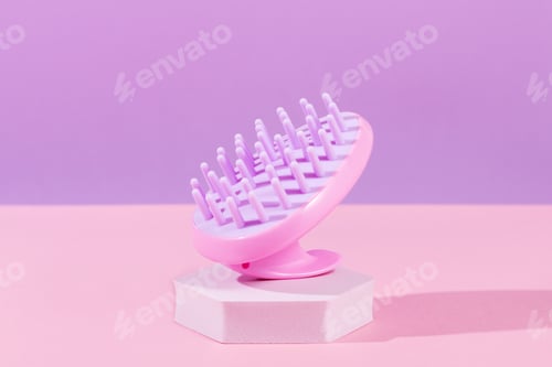 Preview: Pink scalp massage and cleansing shampoo brush on purple background, closeup