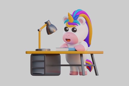 Preview: Studious cartoon unicorn at desk