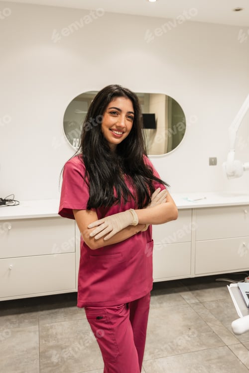 Preview: Smiling dentist standing in modern dental clinic