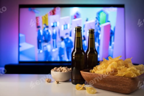 Preview: A wooden bowl of chips and snacks in the background the TV works.