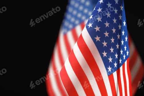 Preview: American flag on black background, closeup with space for text. Memorial Day