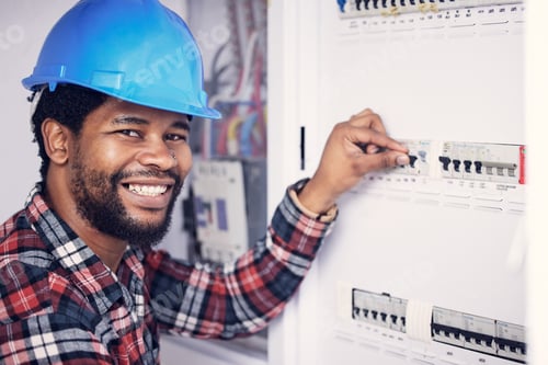 Preview: Black man in portrait, electrician and electricity fuse box, check power supply with maintenance on