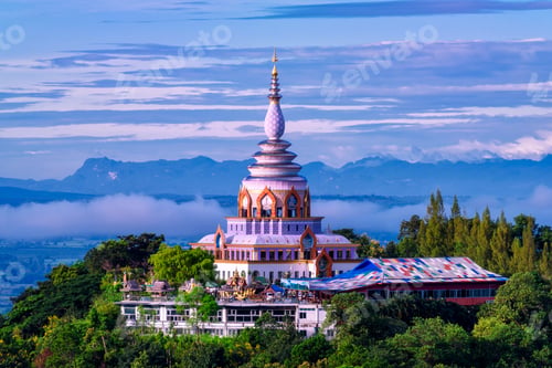 Preview: Beautiful pagoda of Tha Ton Temple set amid green mountains in Chiang Mai,Thailand.