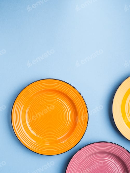 Preview: Colorful ceramic dishes. Flat lay