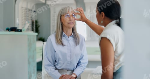Preview: Doctor, patient and help for glasses at shop with assistance, support and option for health care. W