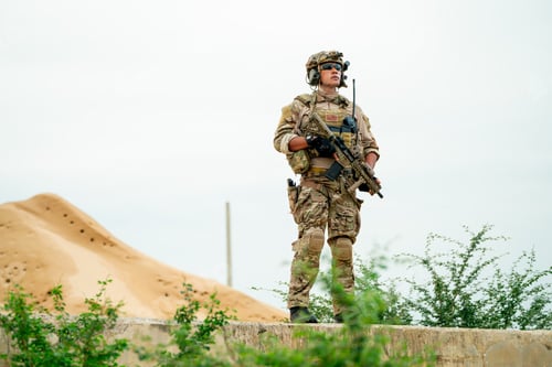 Preview: Soldier or military man stand with guarded position and look around in area look like desert