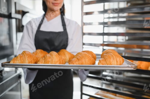 Preview: Baker holding tray of freshly baked croissants in bakery