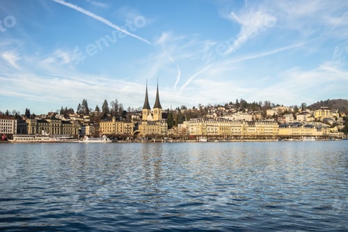 Preview: Panoramic shot of lake Lucerne with the steeples of the Church of St. Leodegar