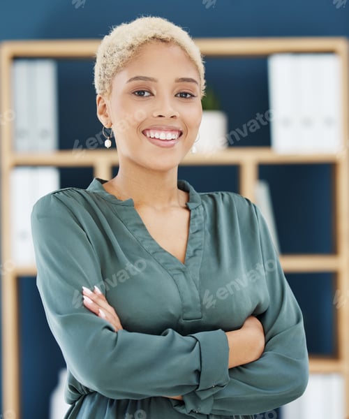 Preview: Happy, proud and black business woman success of a entrepreneur in a office. Portrait of a startup
