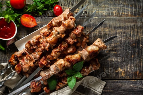Preview: Grilled meat skewers on rustic wooden table.