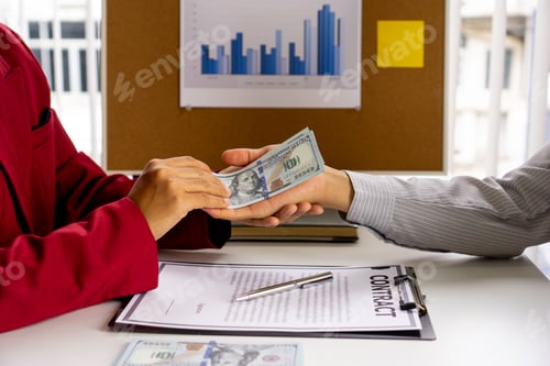 Preview: Bribery and corruption concept, businesswoman, give money, banknotes Dollar bribe male businessmen t