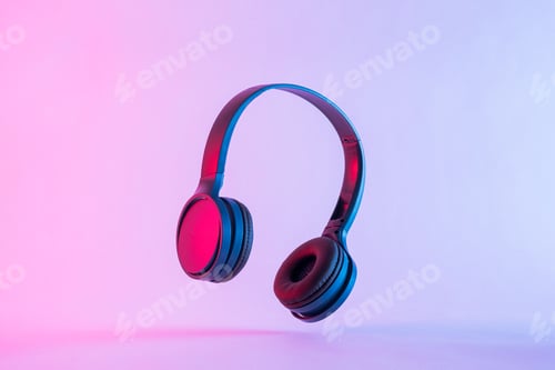 Contemporary headphones in neon night lighting at a party and modern stereo music technology.