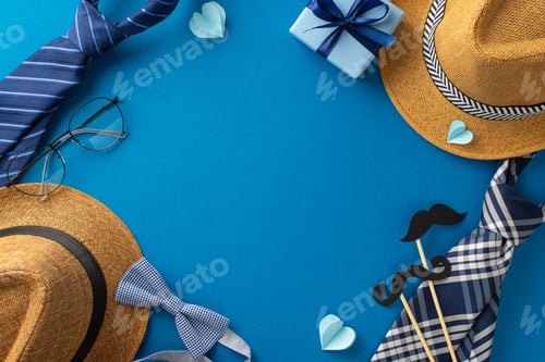 Preview: Flat lay of Father's day themed items including a gift box, ties, glasses, straw hat