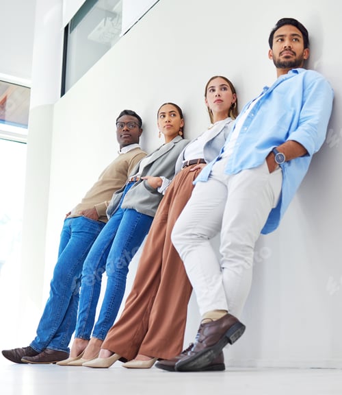 Preview: Waiting room, staff and business people with thinking and hiring employee group in a office. Job in