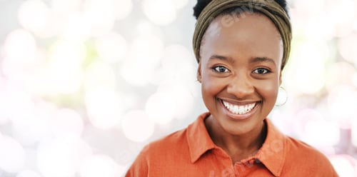 Preview: Corporate black woman, portrait and mockup space with smile, success and vision for career goals. H