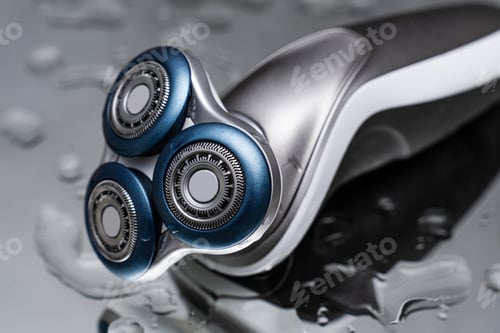 Preview: Modern electric shaver lying on a reflective surface with water droplets