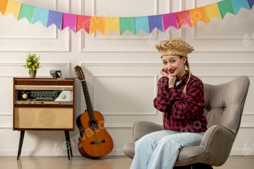 Preview: festa junina cute girl in straw hat brazilian midsummer with retro radio guitar lovely