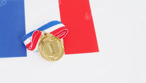 Preview: Gold medal and french flag on white background.