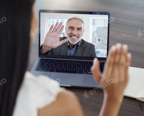 Preview: Video call, virtual business meeting and wave hand using laptop for online streaming connection for