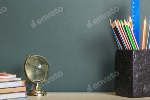 Preview: Education Concept. School Background with Copy space with Pencils Globe Chalkboard