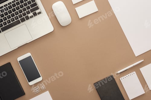 Preview: Top view of laptop, smartphone, pen, computer mouse, cards and notebook