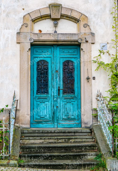 Preview: Blue color door in Art Nouveau style in abandoned house in Silesia, Poland