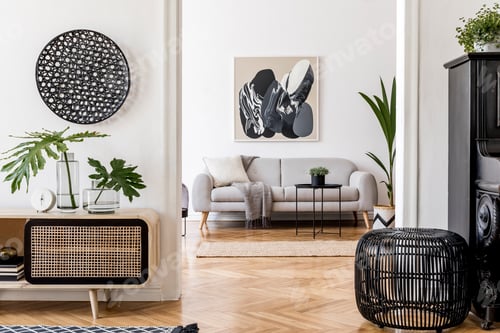 Preview: Stylish composition of modern interior design with rattan commode, sofa, painting.