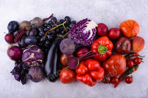 Preview: Assortment of purple and red vegetables and fruits