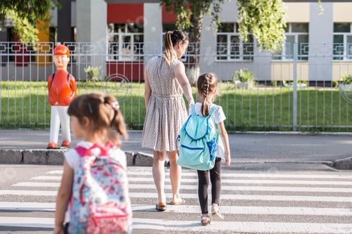 Preview: Back to school education concept with girl kids, elementary students.