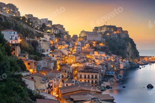 Preview: Scilla, Italy on the Mediterranean coast at dusk.