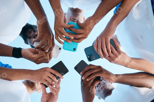 Preview: Hands, phone and app with people in a huddle or circle for communication or connectivity. Mobile, s