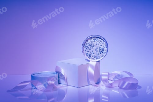 Preview: Podium, assorted gift boxes with satin ribbon on purple background
