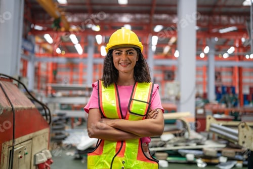 Preview: Portrait of female factory worker working in modern industrial.