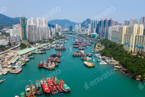 Preview: Aberdeen, Hong Kong 12 May 2019: Top view of Hong Kong fishing harbor port in Aberdeen
