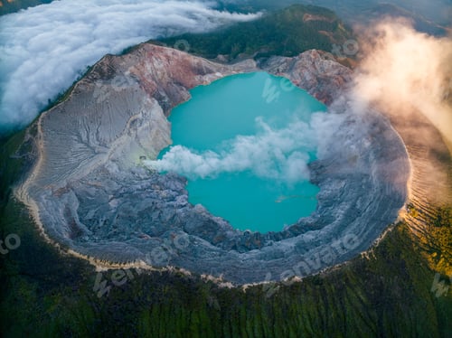 Preview: Aerial view of mount Kawah Ijen volcano crater at sunrise, East Java, Indonesia