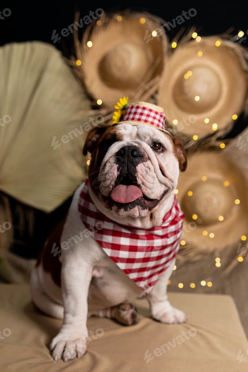 Preview: Vertical portrait of a bulldog dressed up as a redneck for a June Party