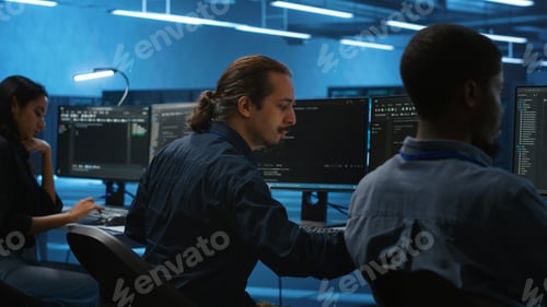 Preview: Multiethnic team working together, doing programming in high tech workspace