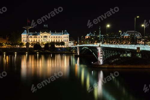 Preview: River Rhone, Faculté de Droit and Pont de l'Universite at night, Lyon, France