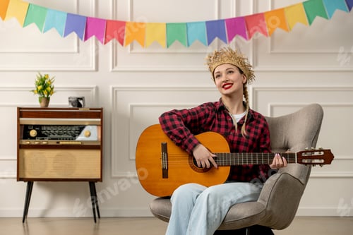 Preview: festa junina cute girl in straw hat brazilian midsummer with retro radio playing on guitar