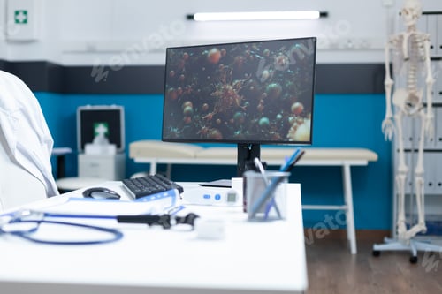 Preview: Empty hospital office having computer on table with coronavirus cell