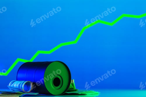 Preview: Price of american oil is changing concept. Black barrel with oil and graph