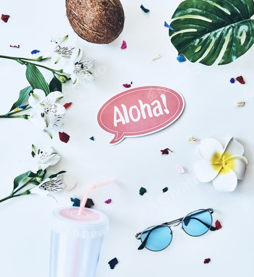 Preview: Hello summer! High angle shot of eyewear, coconut and flower lying against white background