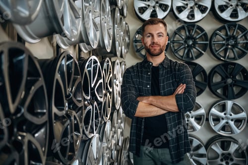 Preview: Standing with arms crossed. Man worker is maintenance station with tires, wheels