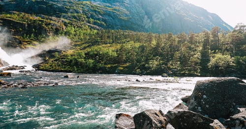 Preview: Kinsarvik, Hordaland, Norway. Waterfall Nykkjesoyfossen In Hardangervidda Mountain Plateau. Spring