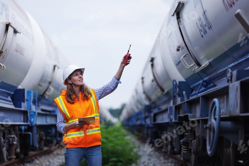 Preview: A female railway worker holds a clipboard and walkie-talkie