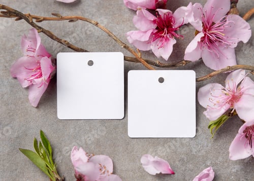 Preview: Blank square gift tags mockup with pink spring flowers and wooden twigs on grey stone, label design