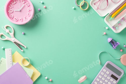 Preview: Dive into the excitement of the new school term with this captivating top view of colorful clock