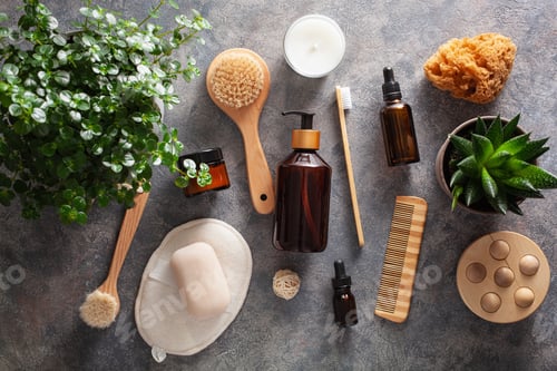 Preview: zero waste eco friendly hygiene bathroom concept. wooden toothbrush soap brush cosmetic