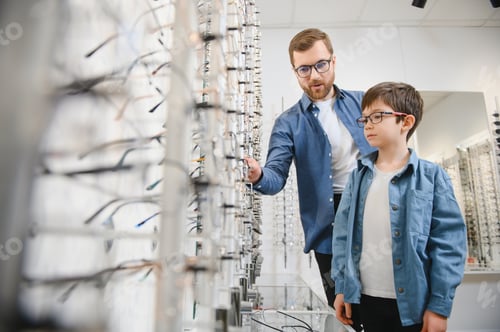 Preview: Father with cute son. Family buy glasses