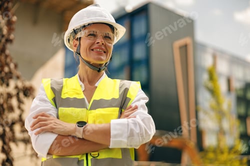 Preview: Smiling female construction worker in protective helmet standing against on construction background